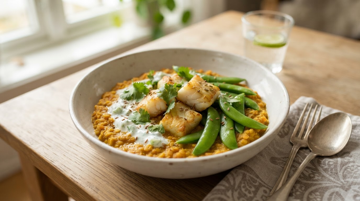 Mild tikka-dal med kveite og ferske sukkererter – slik ser retten ut