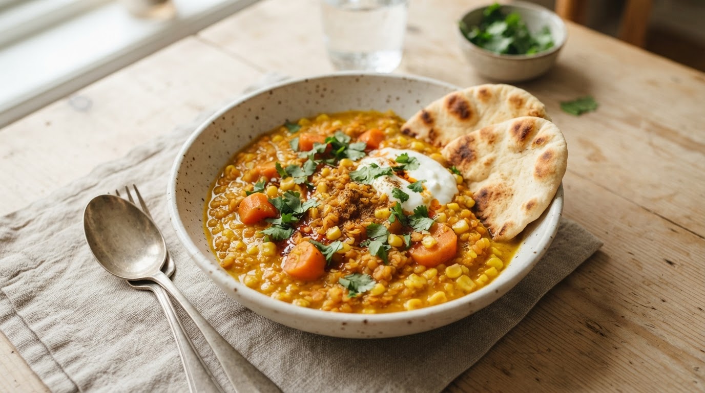 Mild tikka-dal med røde linser og fersk augustmais – slik ser retten ut