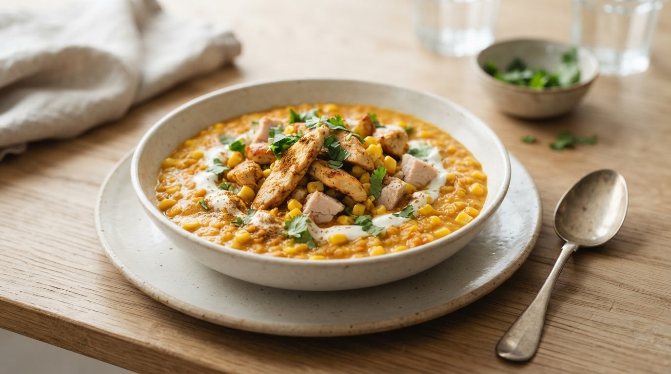 Mild tikka masala-dal med kalkun og fersk augustmais – slik ser retten ut