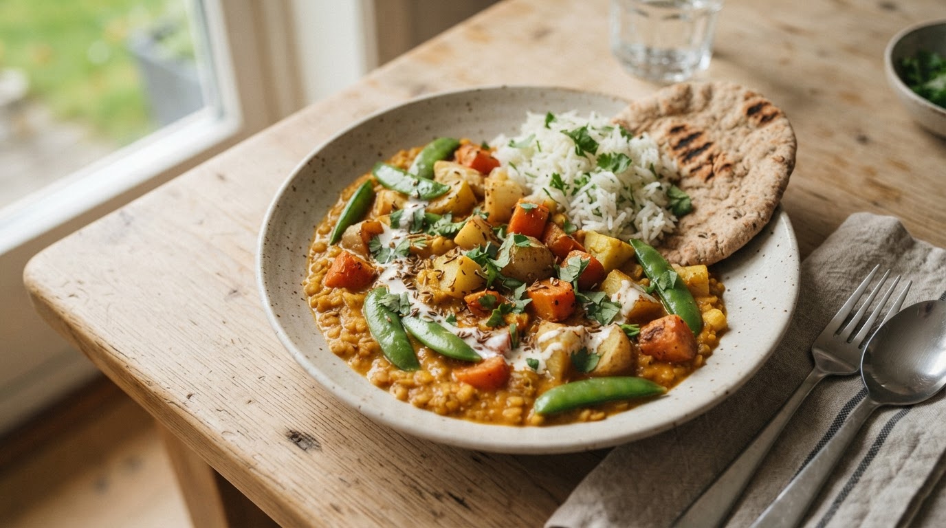 Mild tikka masala-dal med stekte rotgrønnsaker og sukkererter – slik ser retten ut