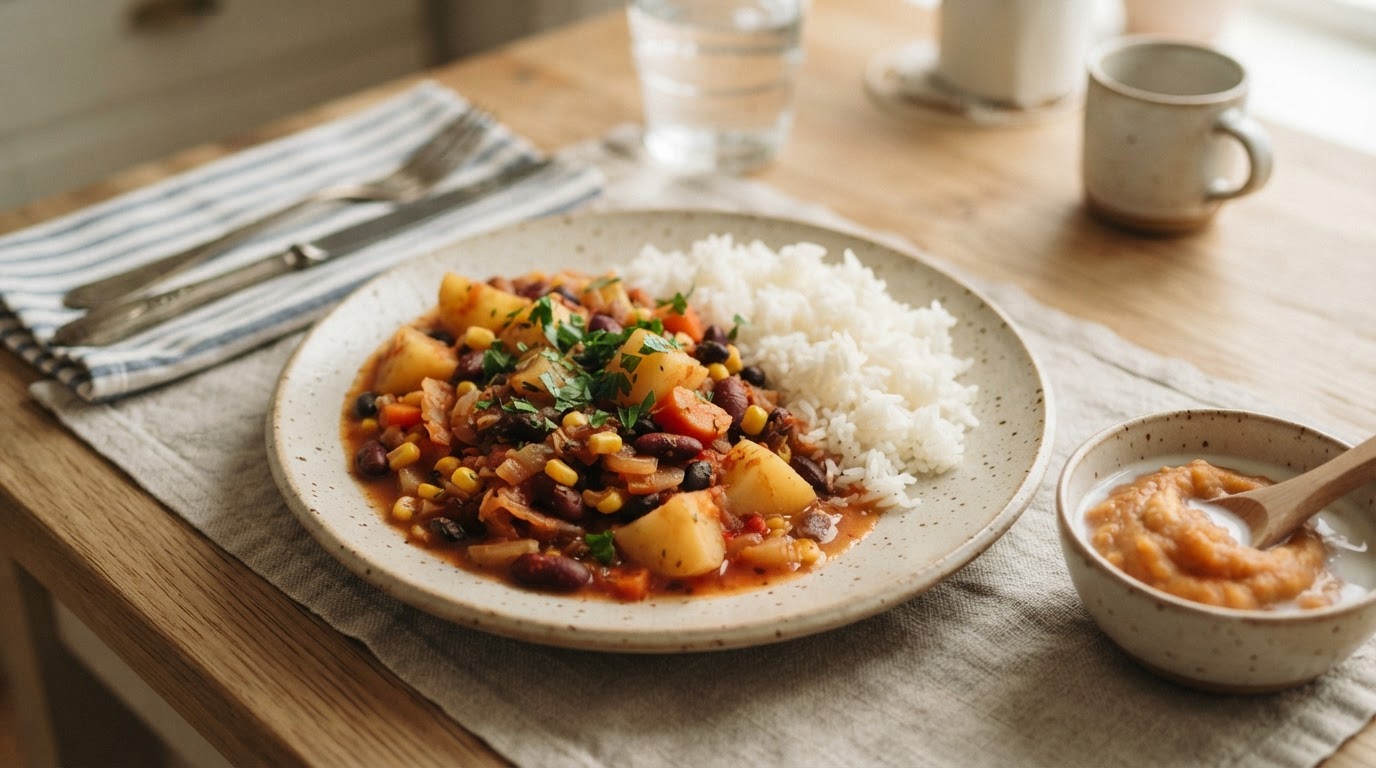 Mild vegetarisk bønne- og potetgryte – illustrasjonsbilde