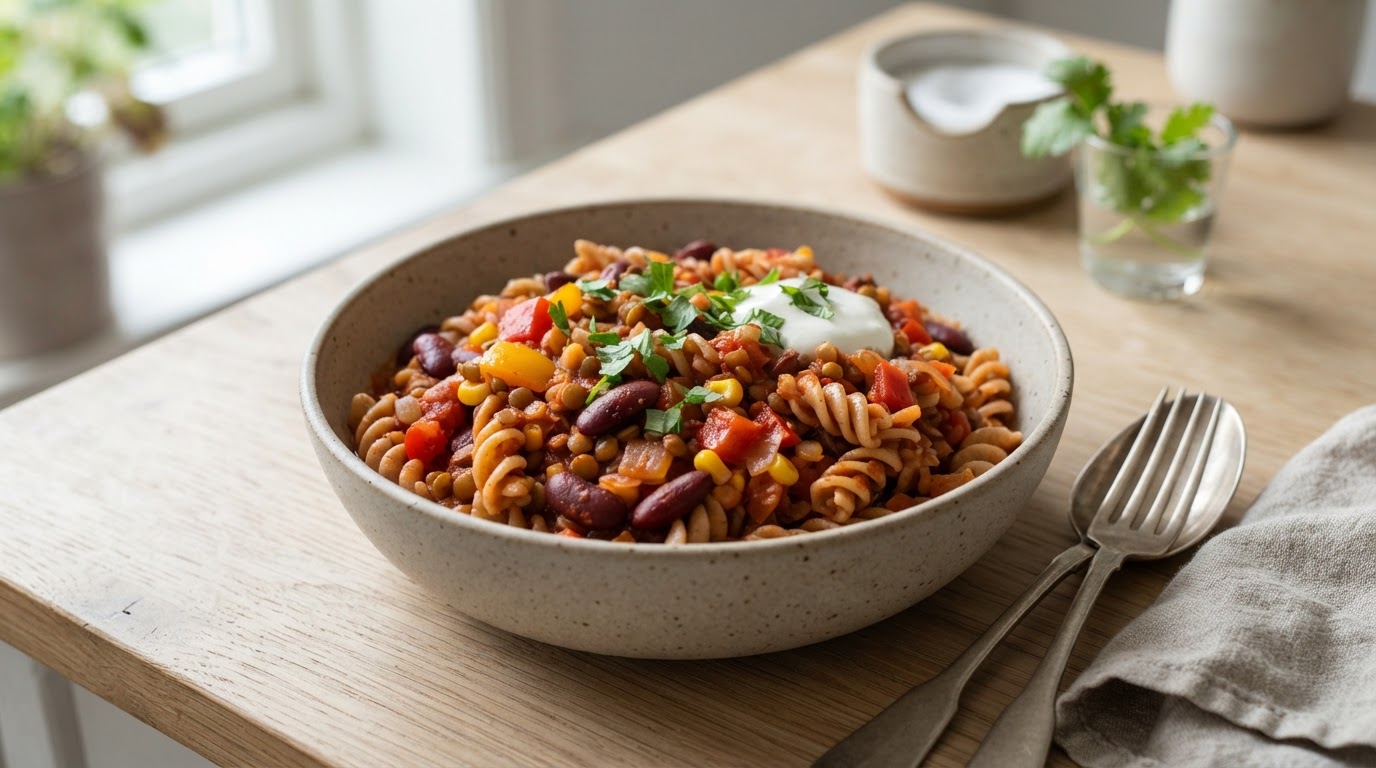 Mild vegetarisk chili-pastagryte med bønner og paprika – illustrasjonsbilde