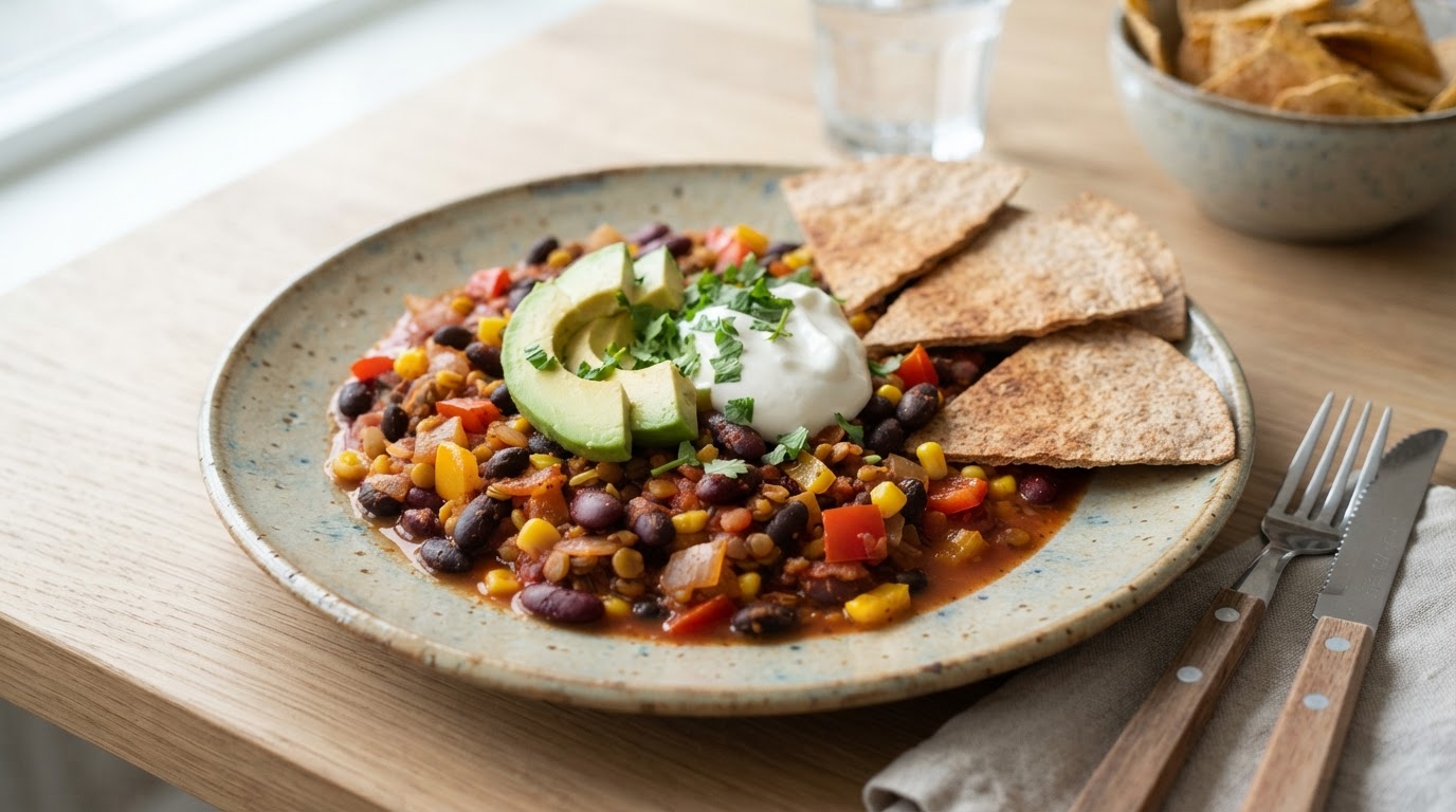 Mild vegetarisk tacogryte med bønner og avokado – slik ser retten ut