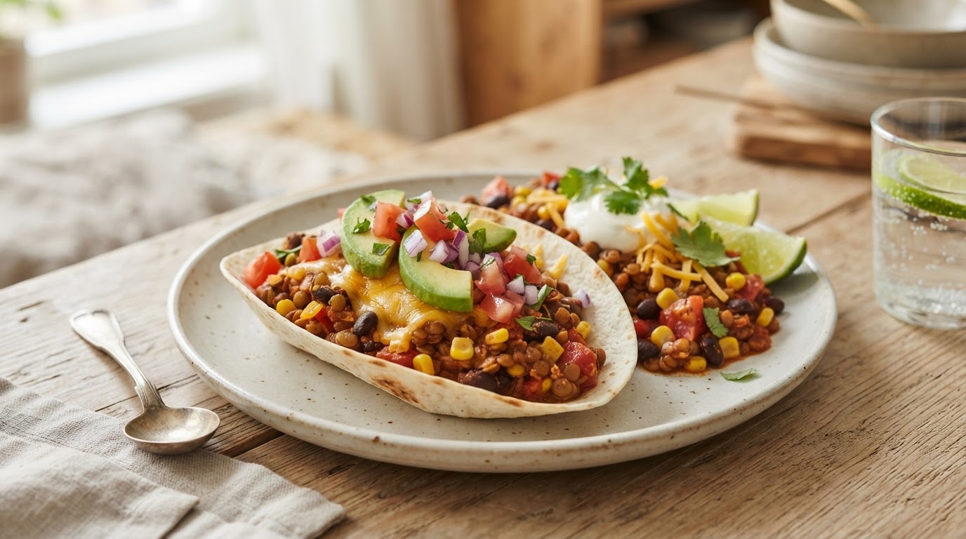 Mild vegetarisk tacogryte med linser, avokado og ost – illustrasjonsbilde