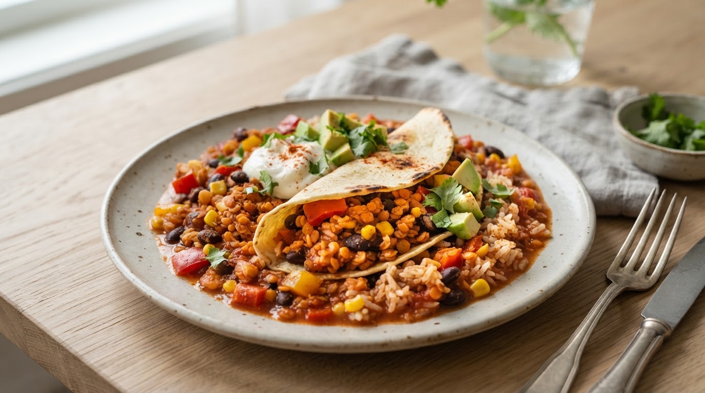 Mild vegetarisk tacogryte med linser, bønner og ris – illustrasjonsbilde