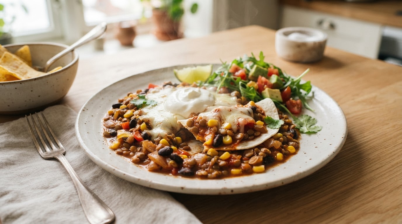Mild vegetarisk tacogryte med linser, fersk mais og mozzarella – slik ser retten ut
