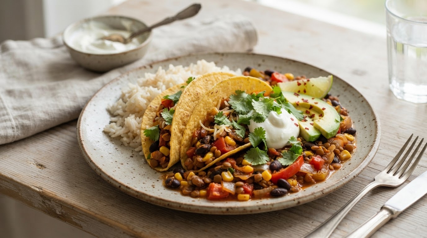 Mild vegetarisk tacogryte med linser og avokado – illustrasjonsbilde