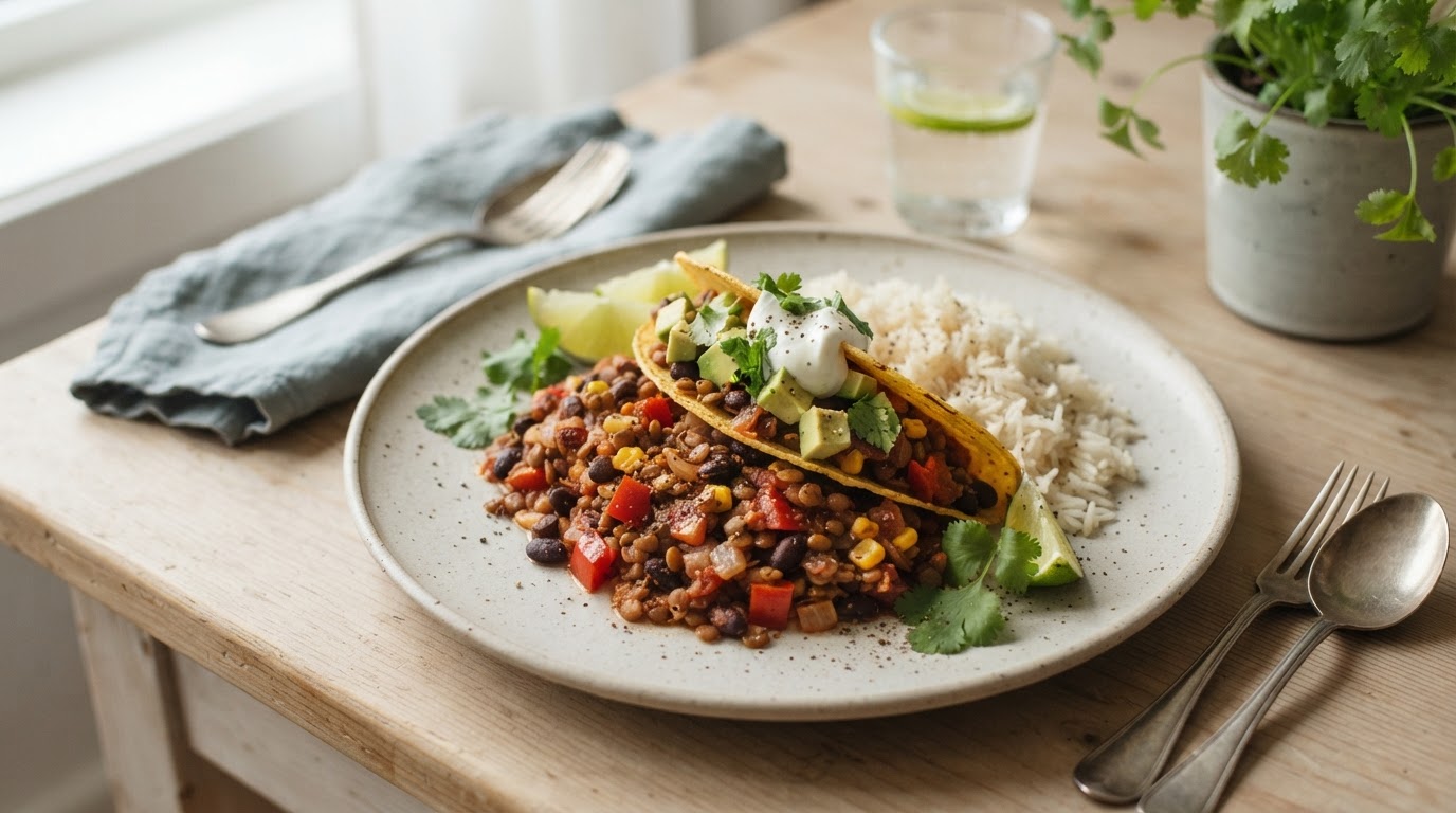 Mild vegetarisk tacogryte med linser og ris – illustrasjonsbilde