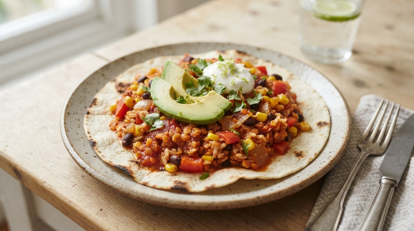 Mild vegetarisk tacogryte med linser, ris og avokado – illustrasjonsbilde