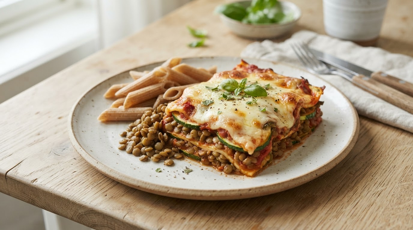Mild vegetarlasagne med squash og linser – slik ser retten ut