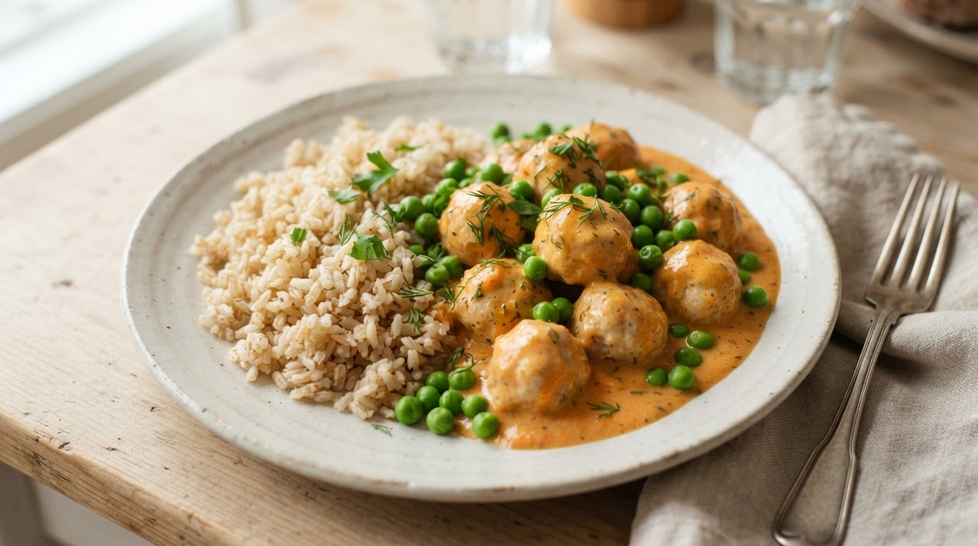 Milde fiskeboller i kremet gulrotsaus med fullkornsris – slik ser retten ut