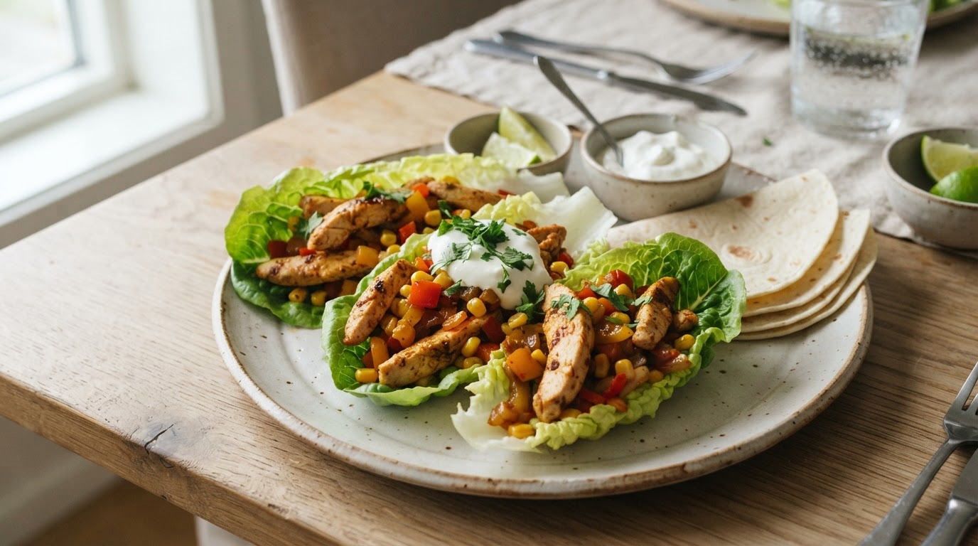 Milde kyllingfajitas i salatbåter – illustrasjonsbilde