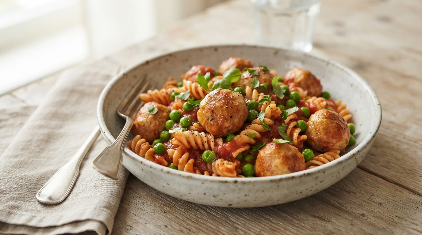Milde kyllingkjøttkaker i tomatsaus med glutenfri pasta – illustrasjonsbilde