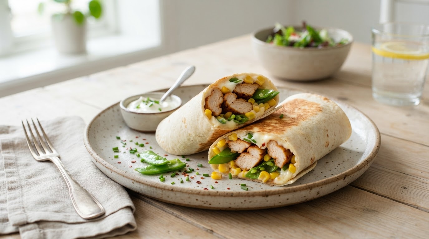 Milde kyllingwraps med fersk mais, sukkererter og rømme – slik ser retten ut
