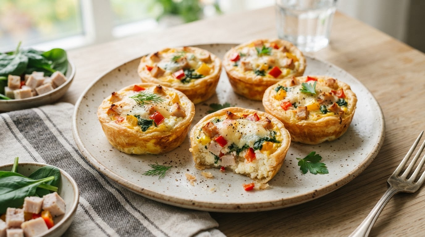 Mini-frokostquiche med kalkun, ost og grønnsaker – slik ser retten ut