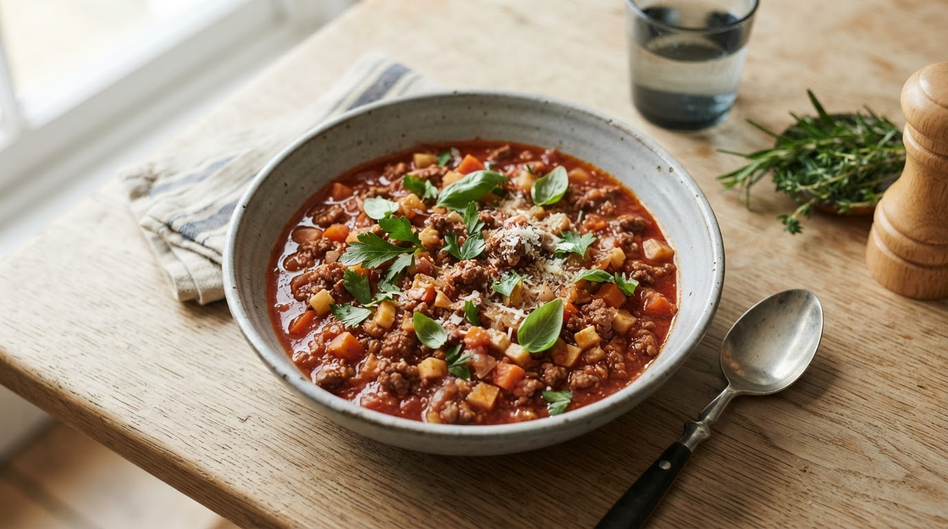 Mør bolognesegryte med kjøttdeig og rotgrønnsaker i slow cooker – slik ser retten ut