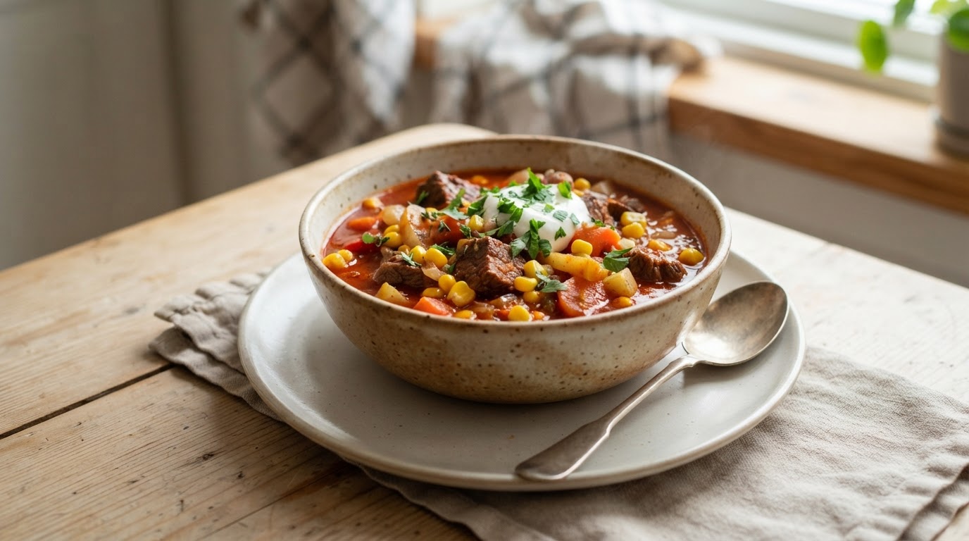 Mør gulasjgryte i slow cooker med fersk augustmais – slik ser retten ut