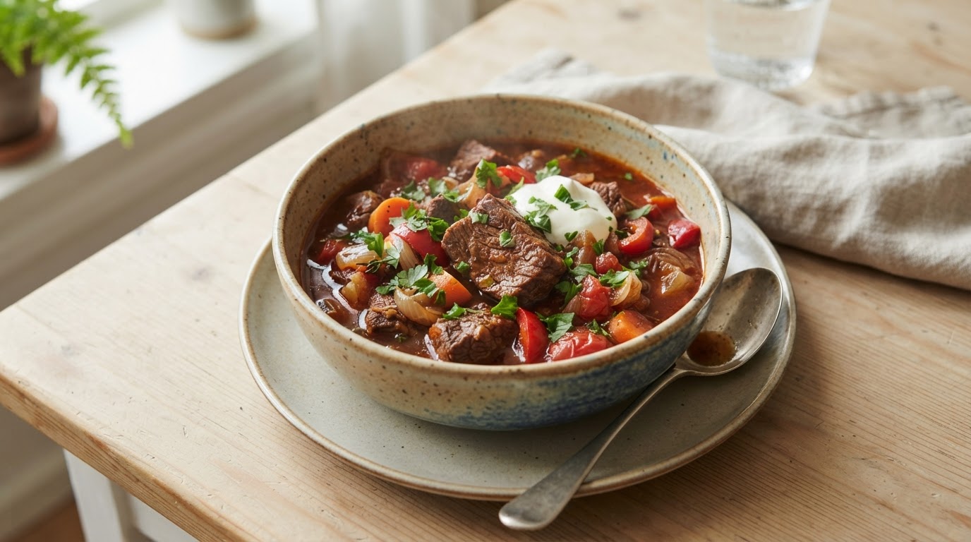 Mør gulasjgryte med storfe i slow cooker – illustrasjonsbilde