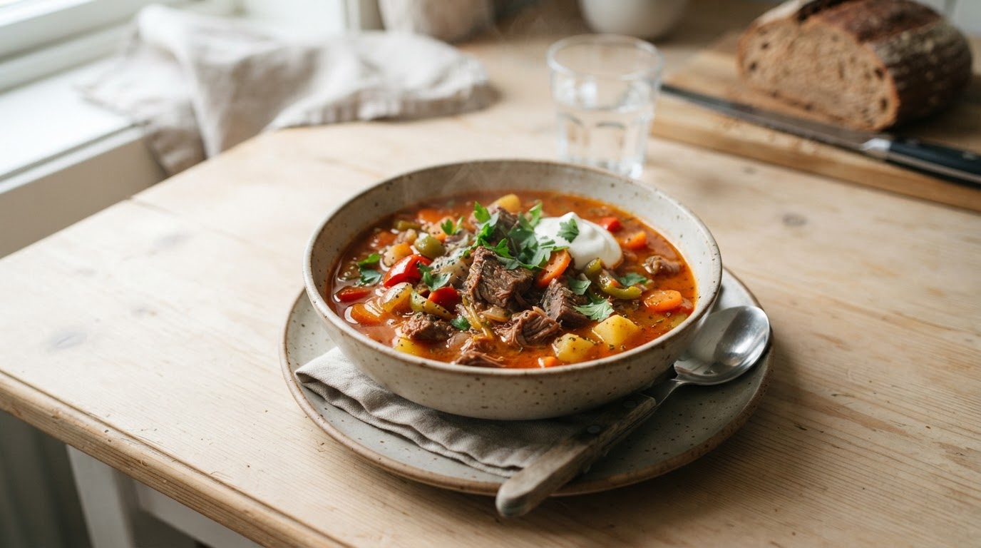 Mør gulasjgryte med storfekjøtt i slow cooker – slik ser retten ut