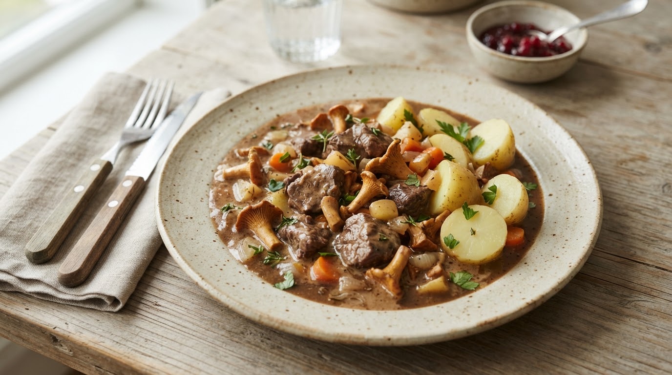 Mør hjortegryte i slow cooker med kantareller og nypoteter – slik ser retten ut