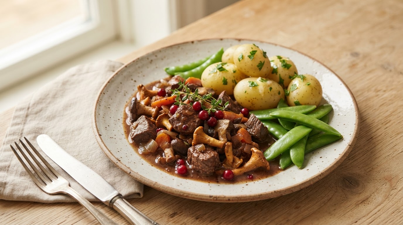 Mør hjortegryte i slow cooker med skogsopp og nypoteter – slik ser retten ut