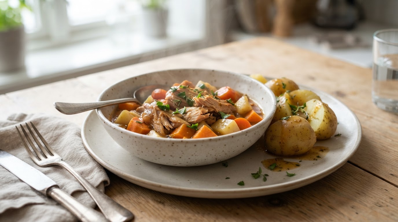 Mør kalkungryte i slow cooker med søtpotet og rotgrønnsaker – slik ser retten ut