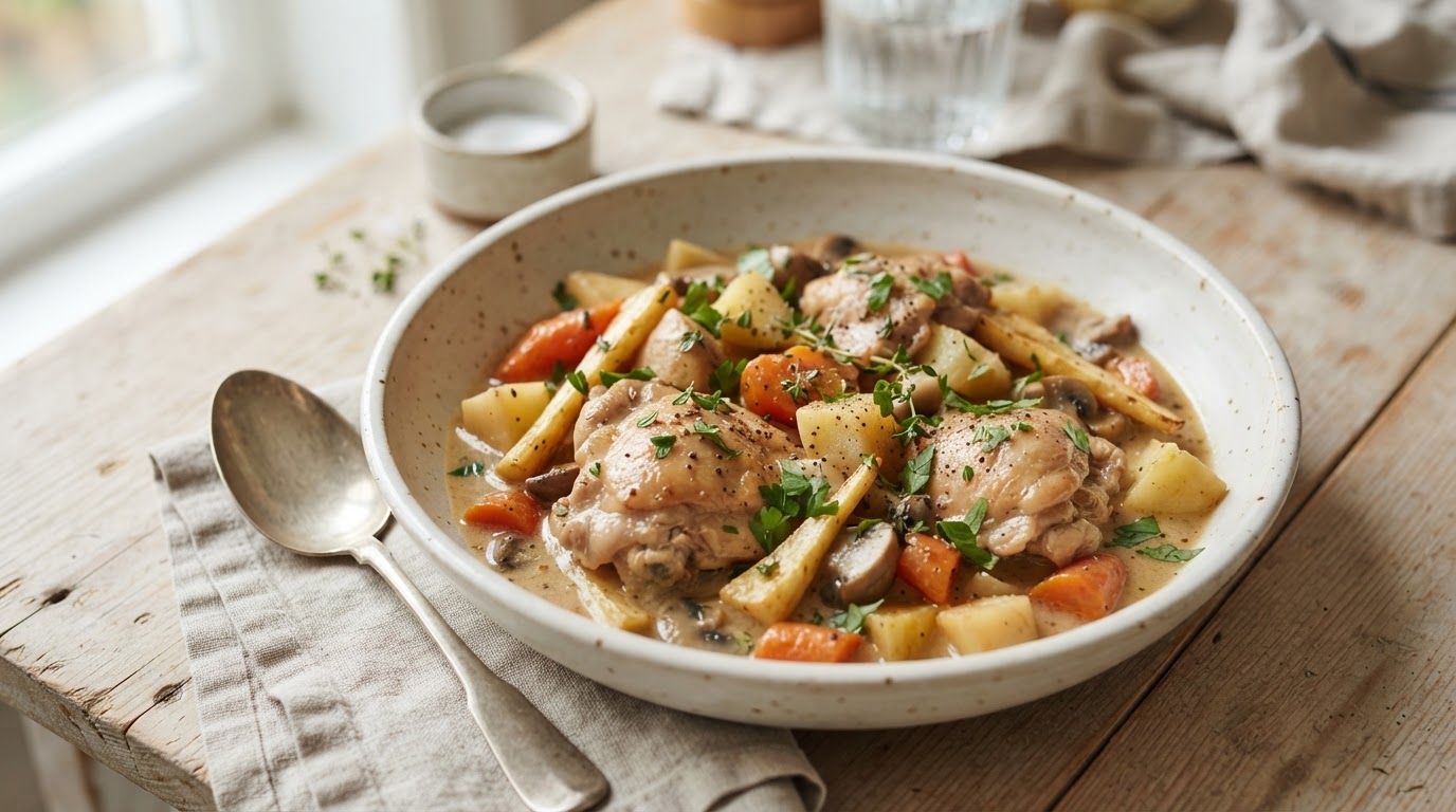Mør kyllinggryte i slow cooker med norske rotgrønnsaker – slik ser retten ut