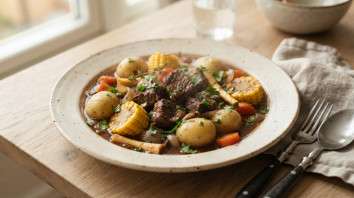 Mør lammegryte med fersk augustmais og nypoteter i slow cooker – slik ser retten ut