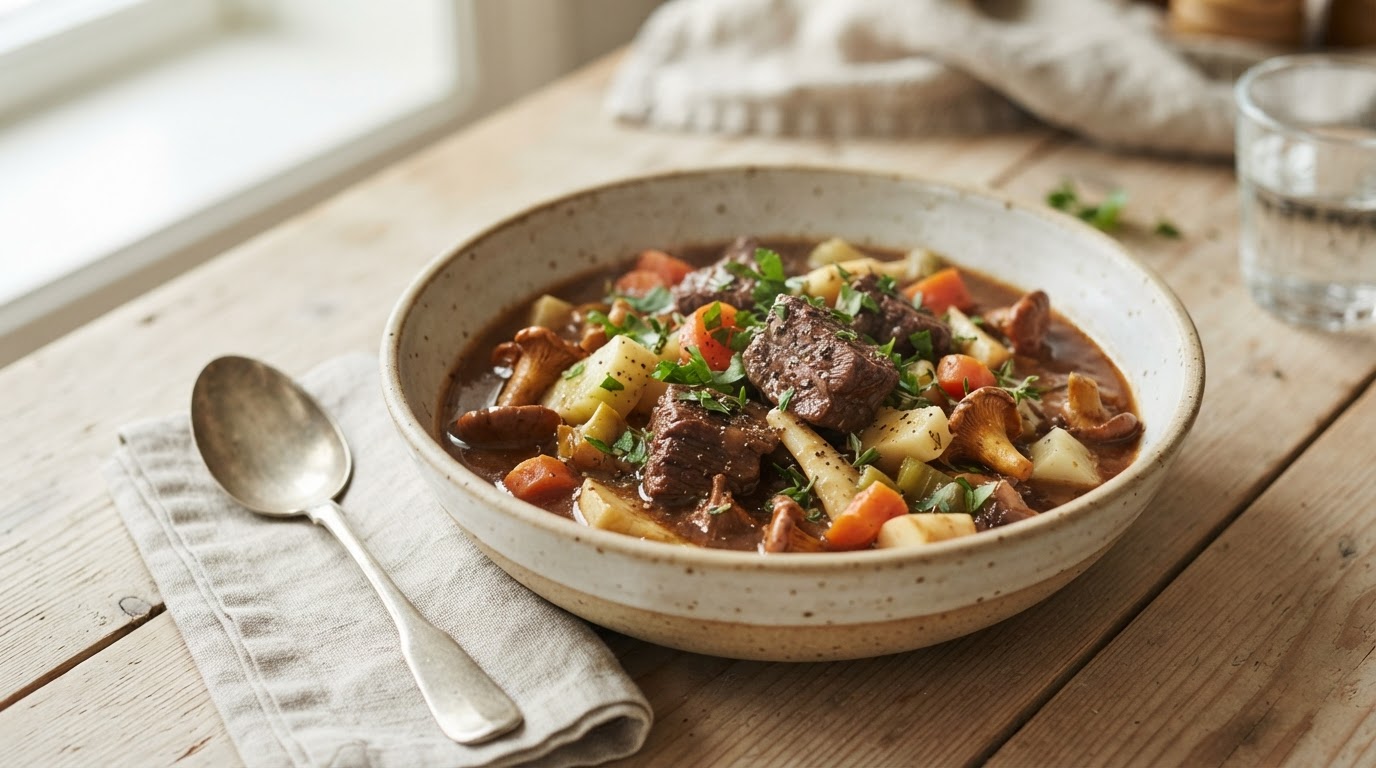 Mør oksegryte med norske rotgrønnsaker i slow cooker – slik ser retten ut