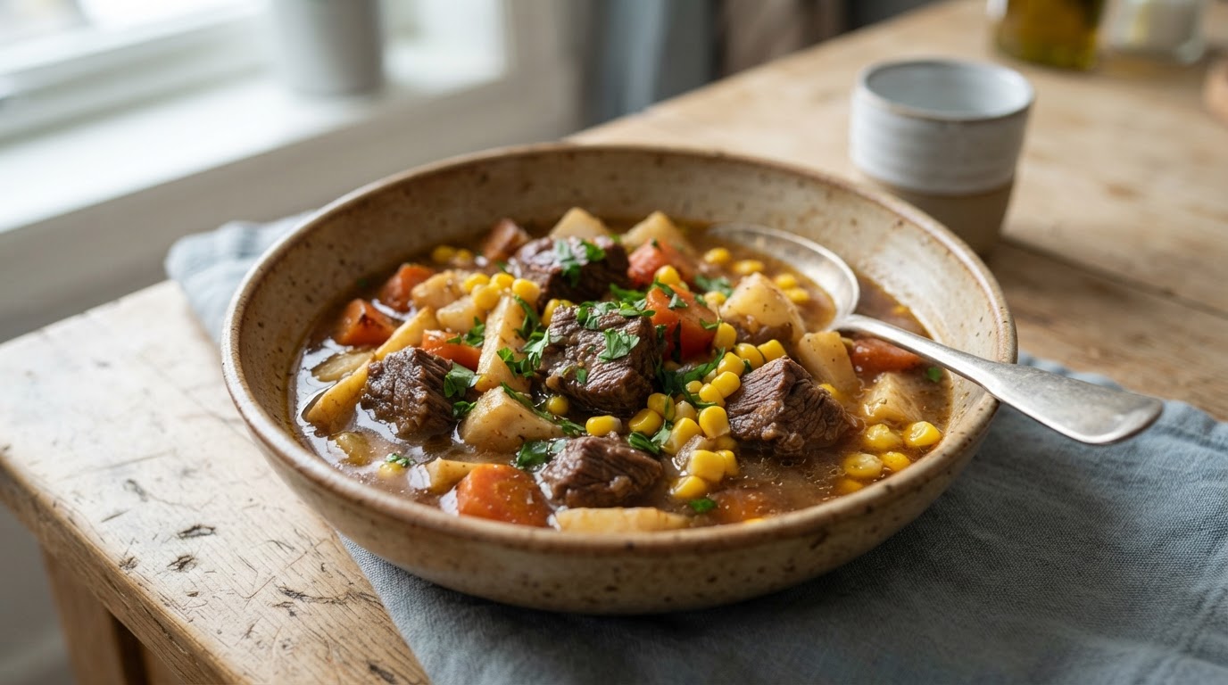 Mør oksegryte med rotgrønnsaker og fersk mais i slow cooker – slik ser retten ut