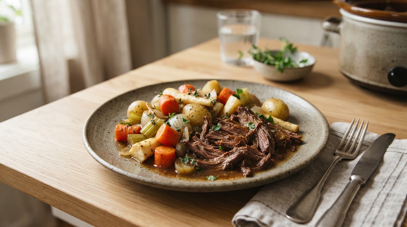 Mør oksestek i slow cooker med augustgrønnsaker – slik ser retten ut