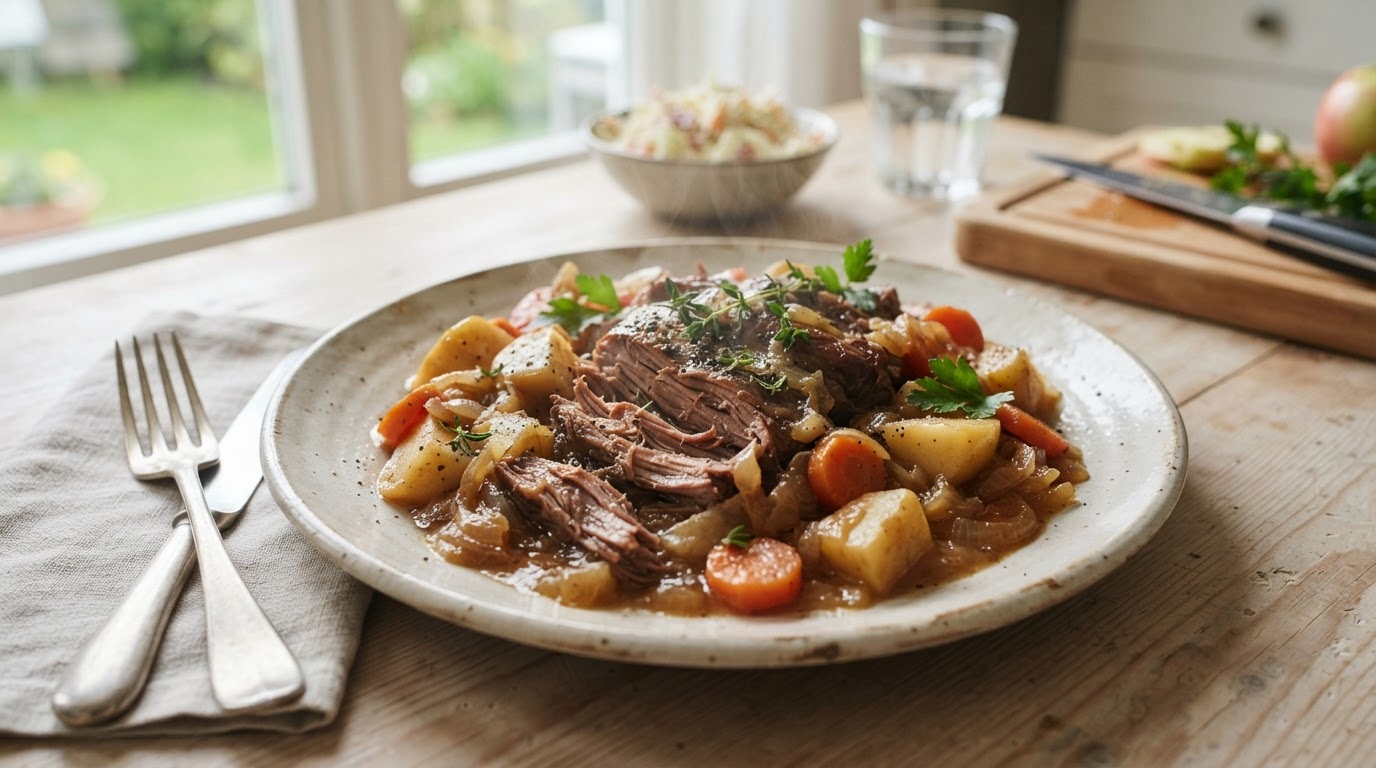 Mør pulled pork i slow cooker med norske epler – slik ser retten ut