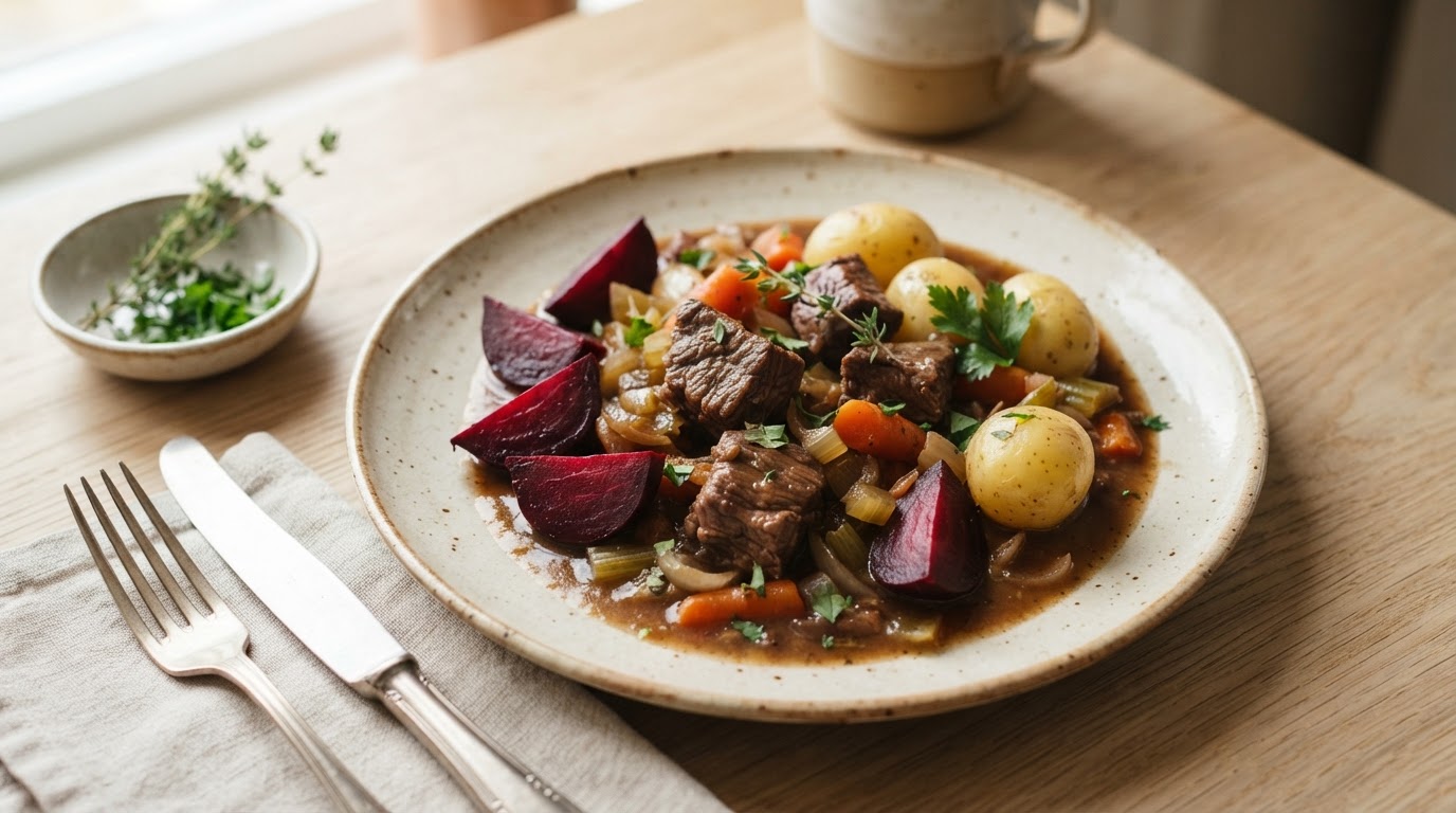 Mør storfegryte i slow cooker med ferske rødbeter og nypoteter – slik ser retten ut