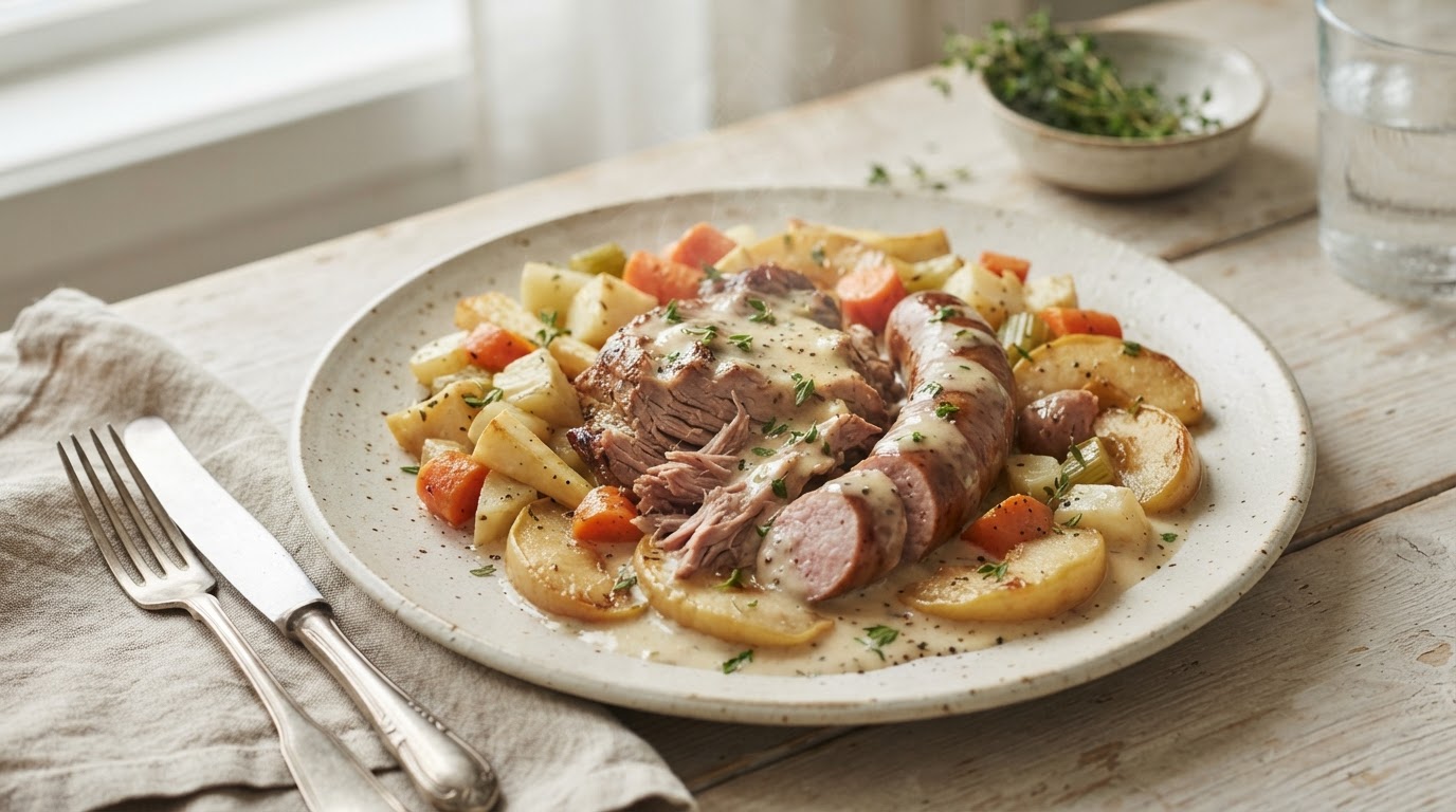 Mør svinebog i slow cooker med norske augustepler og rotgrønnsaker – slik ser retten ut