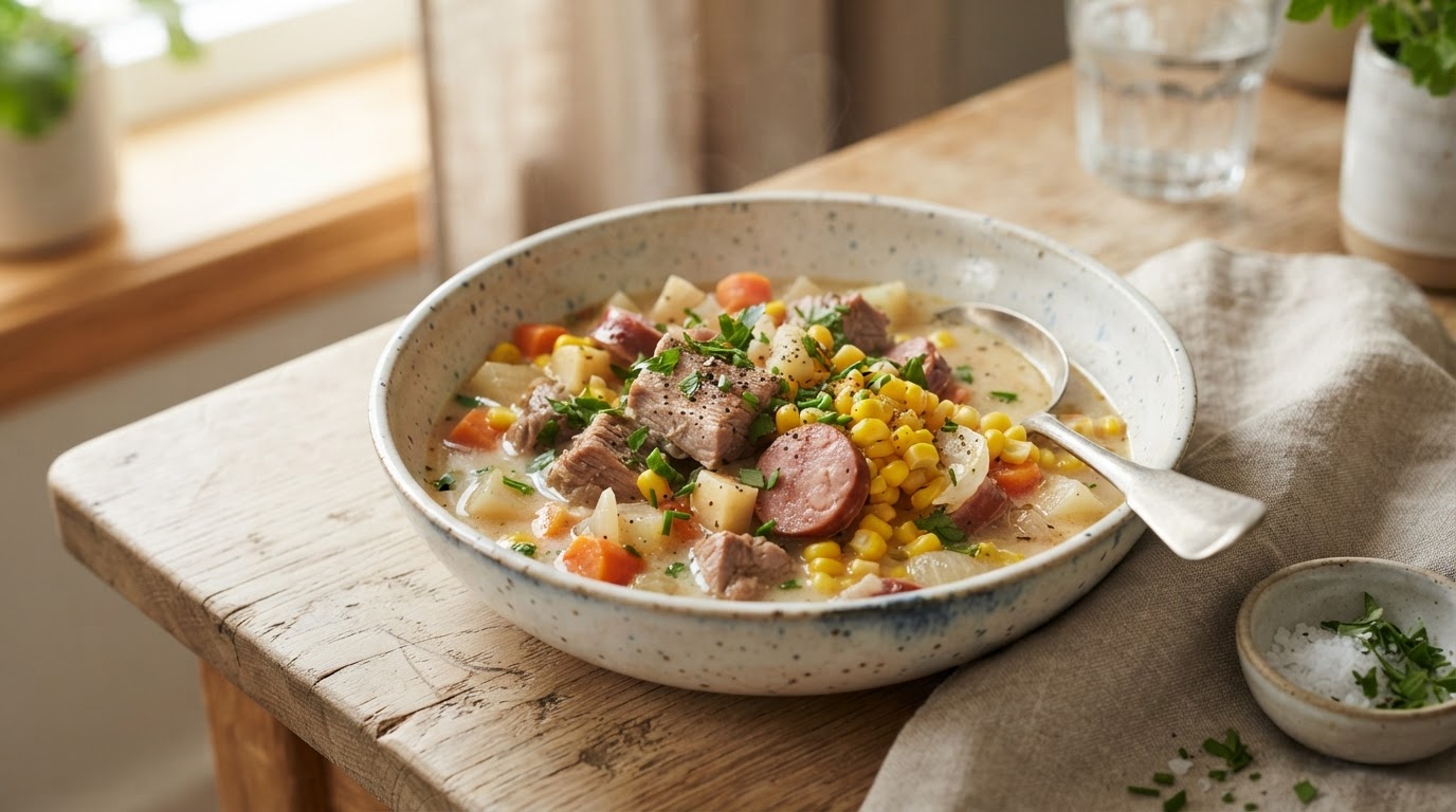 Mør svinegryte i slow cooker med fersk augustmais – slik ser retten ut
