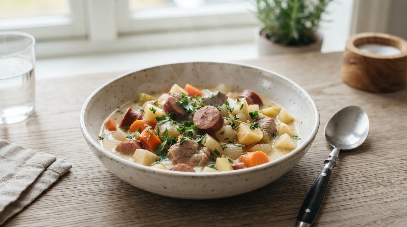 Mør svinegryte med eple og rotgrønnsaker i slow cooker – illustrasjonsbilde