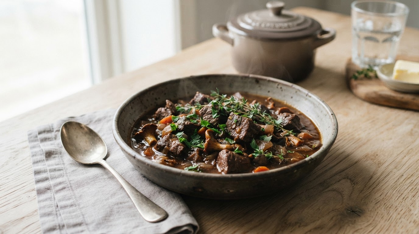 Mør viltgryte med finnbiff og augustsopp i slow cooker – slik ser retten ut