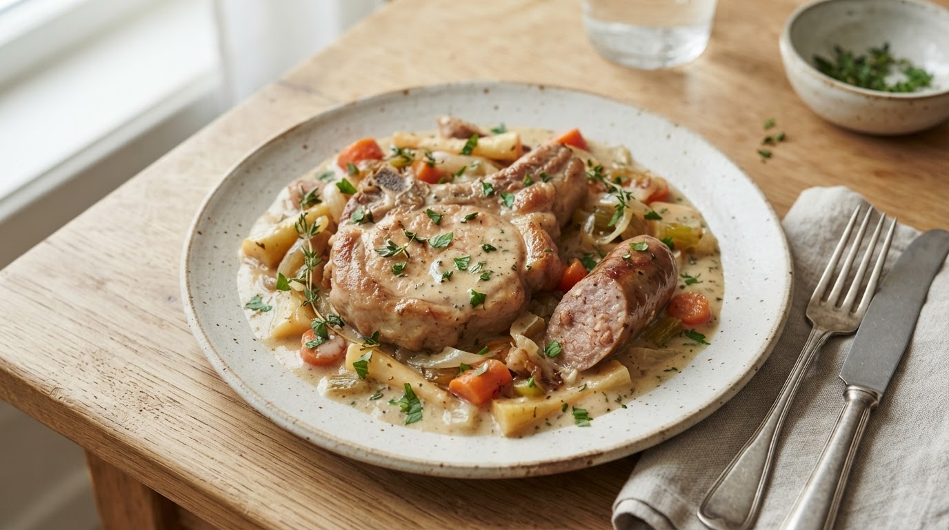 Møre svinekoteletter i kremet saus i slow cooker – slik ser retten ut