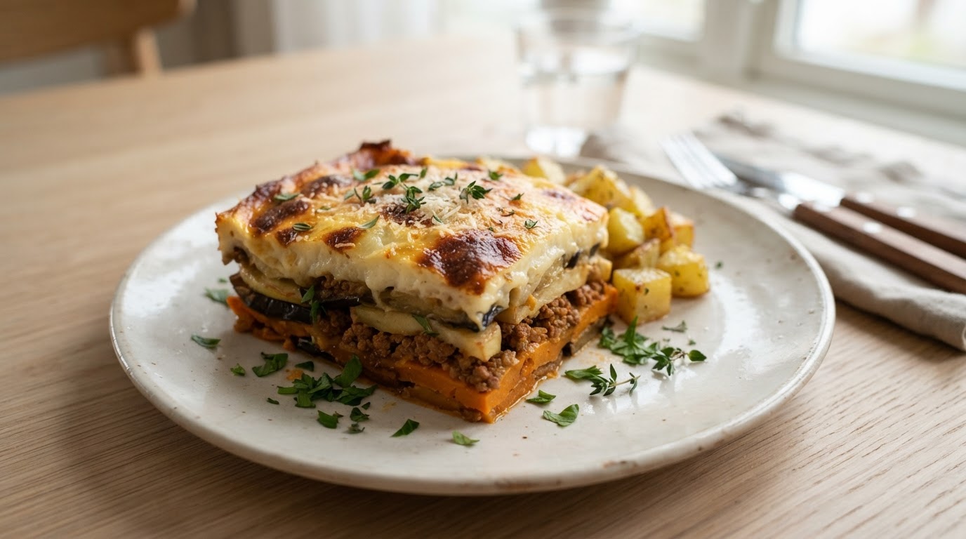 Nordisk moussaka med søtpotet, eple og gyllent ostelokk – slik ser retten ut