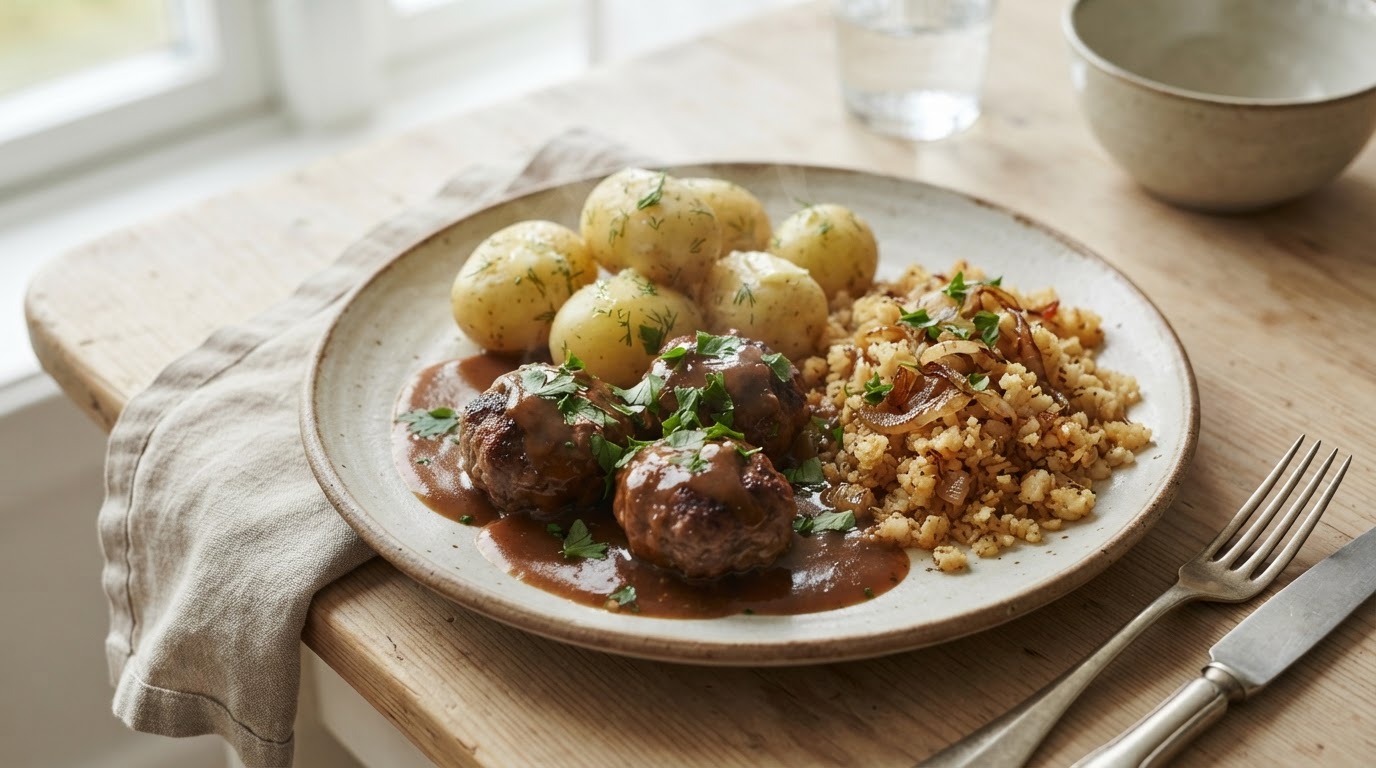 Norske kjøttkaker i brun saus med smørstekt blomkålris og nypoteter – slik ser retten ut