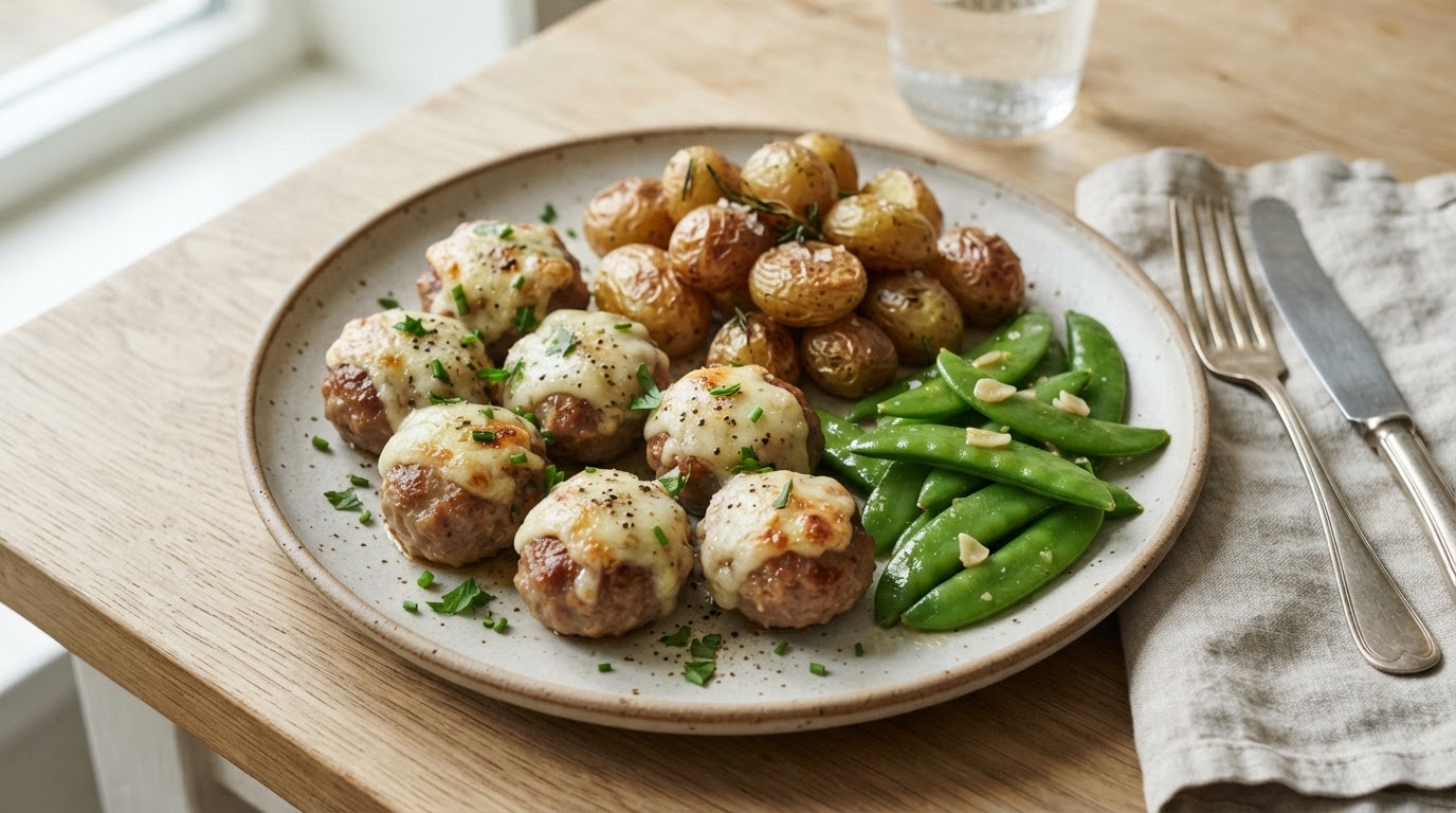 Ostegratinerte kjøttkaker i airfryer med nypoteter og sukkererter – illustrasjonsbilde
