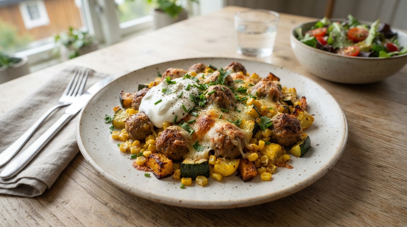 Ostepanne med vegetarboller, squash og fersk mais – slik ser retten ut