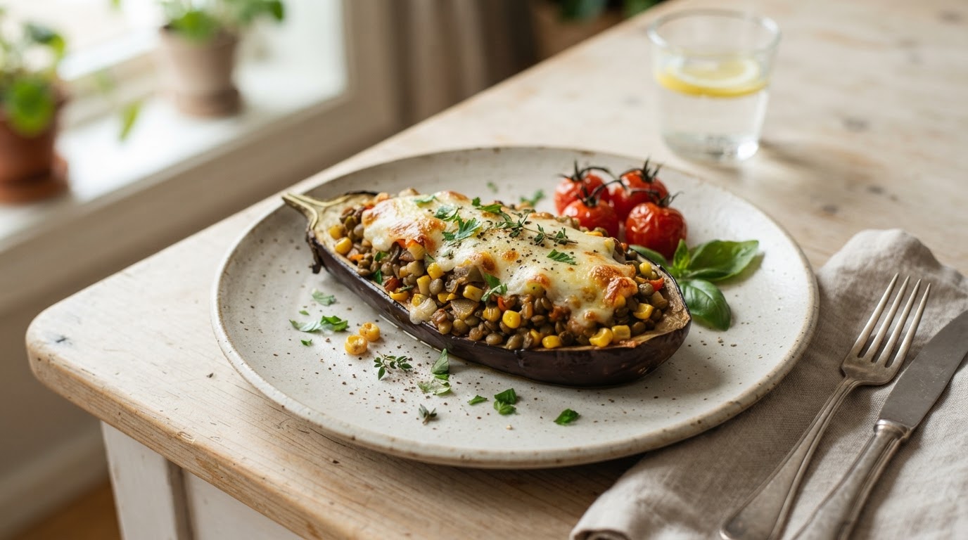 Ovnsbakt fylt aubergine med linser, fersk mais og ost – slik ser retten ut
