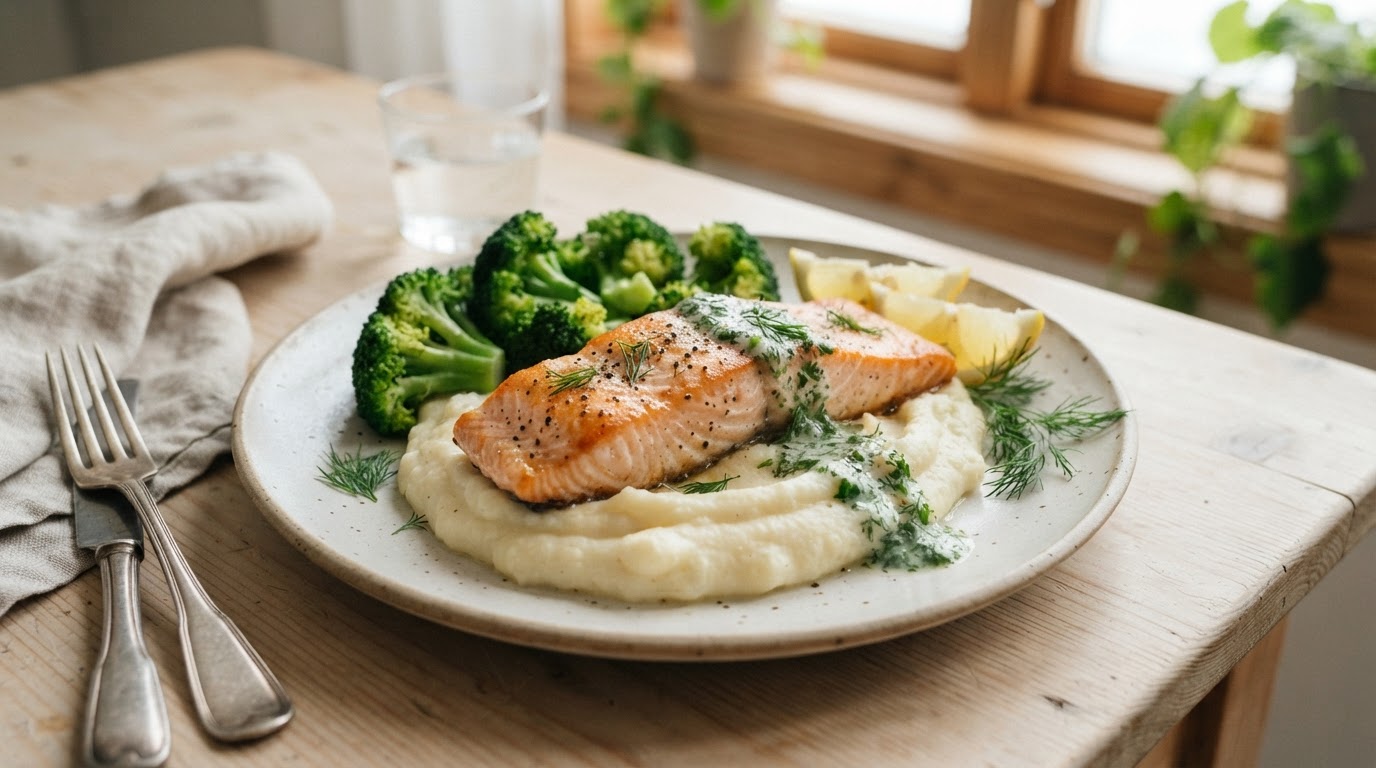 Ovnsbakt laks med blomkålmos og brokkoli – illustrasjonsbilde