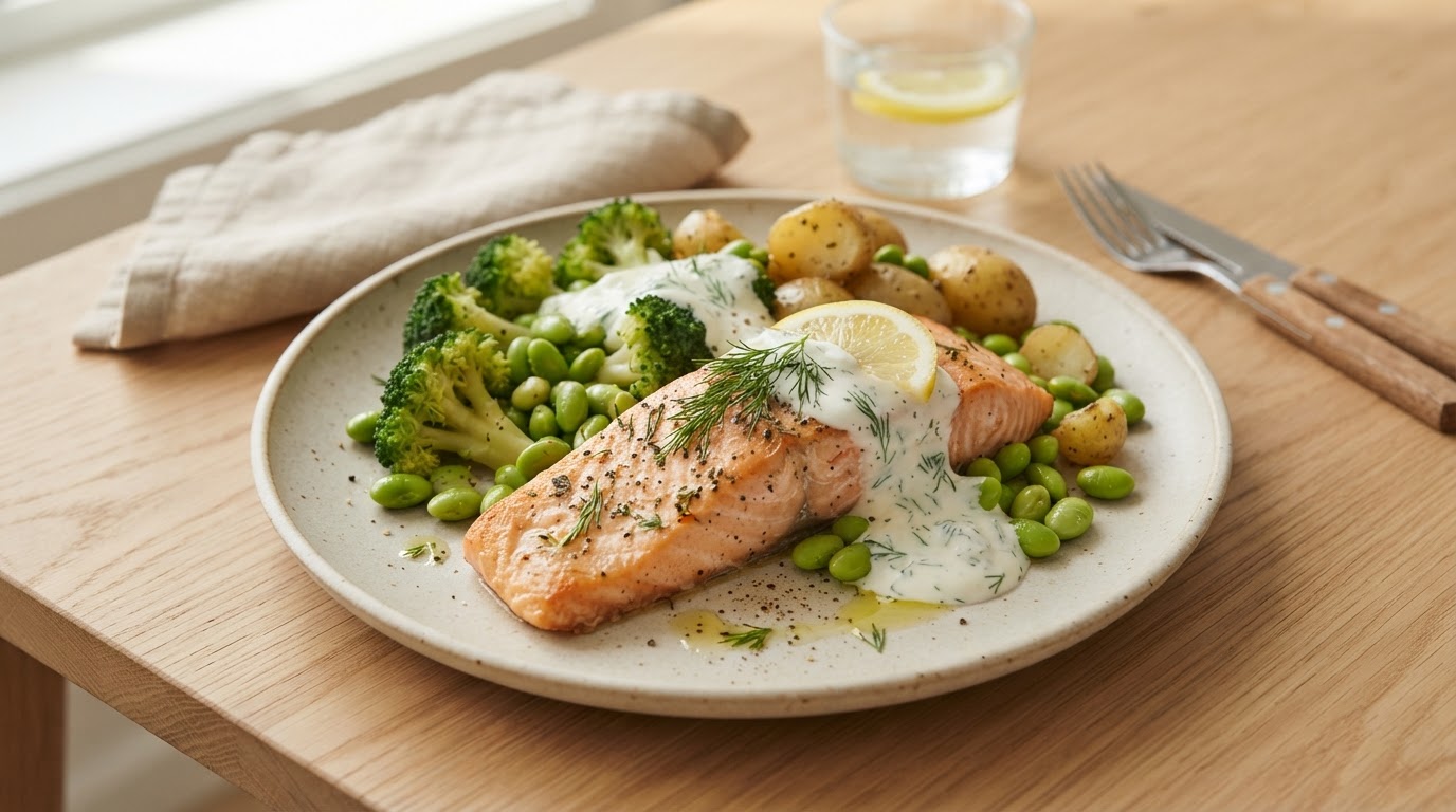 Ovnsbakt laks med brokkoli, edamame og kesamdressing – illustrasjonsbilde