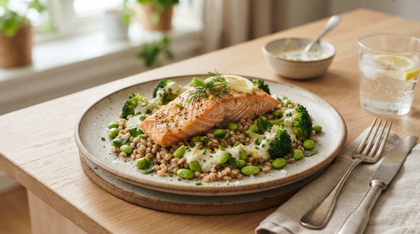 Ovnsbakt laks med byggryn, edamame og kesamdressing – illustrasjonsbilde