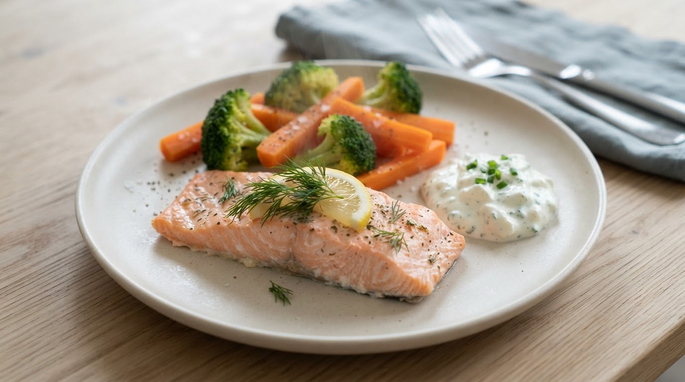 Ovnsbakt laks med dampede grønnsaker og kesamdressing – illustrasjonsbilde