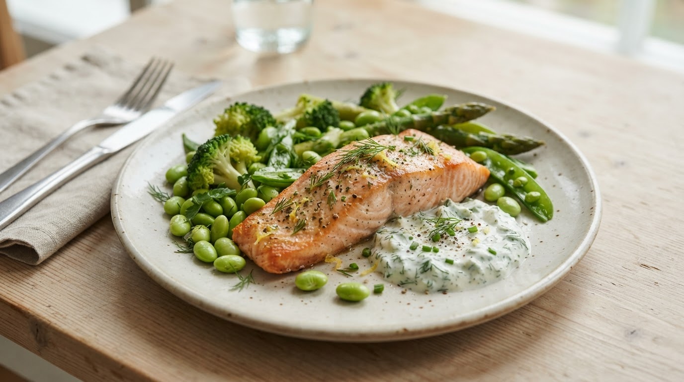 Ovnsbakt laks med edamame og kesamdressing – illustrasjonsbilde