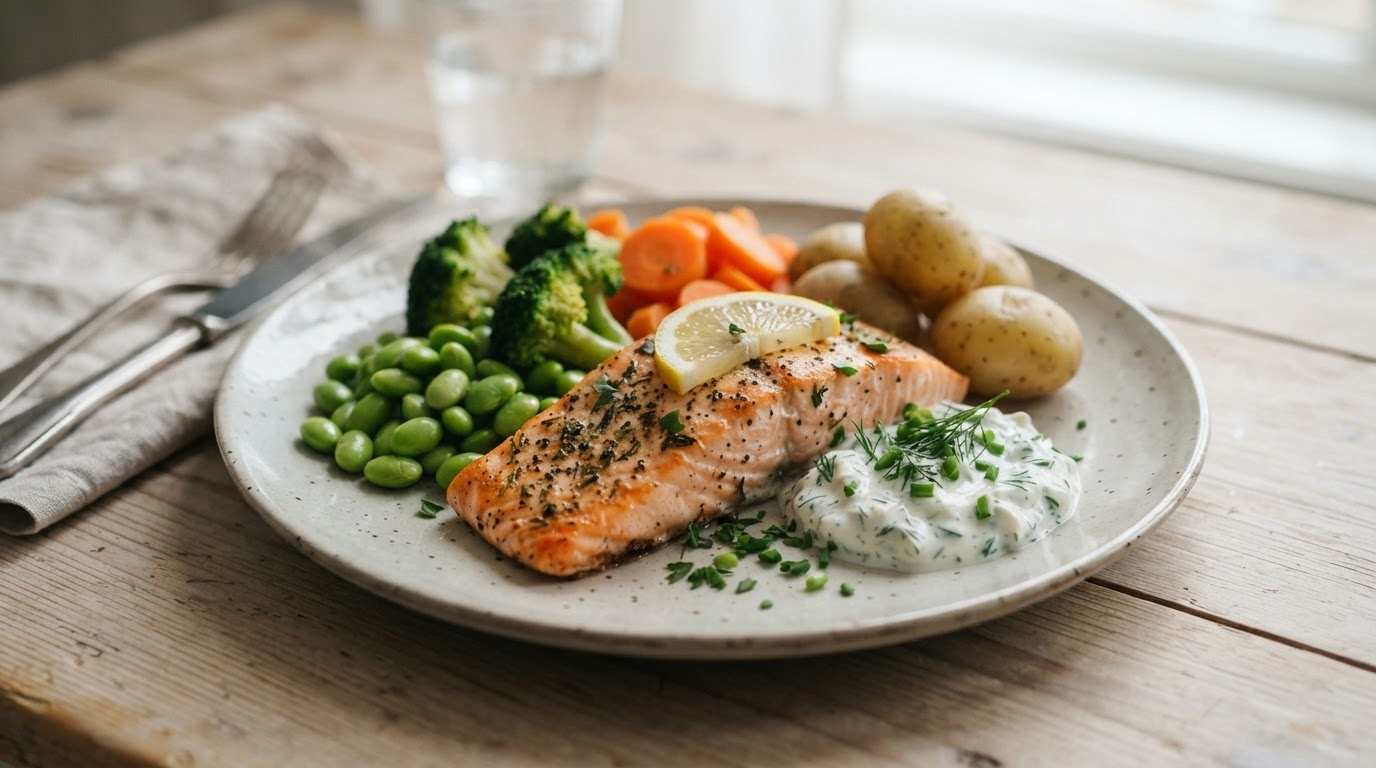 Ovnsbakt laks med edamamebønner, grønnsaker og kesamdressing – illustrasjonsbilde