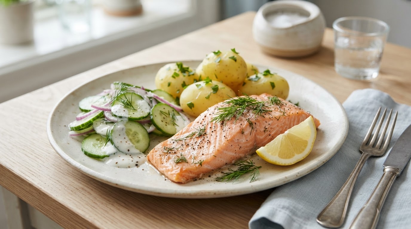 Ovnsbakt laks med nypoteter og frisk agurksalat – illustrasjonsbilde